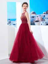 Sleeveless Amazing Scoop Long Beading Tulle Prom Dress-ballbellauk