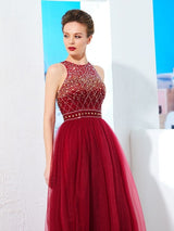 Sleeveless Amazing Scoop Long Beading Tulle Prom Dress-ballbellauk