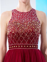 Sleeveless Amazing Scoop Long Beading Tulle Prom Dress-ballbellauk