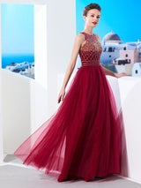 Sleeveless Amazing Scoop Long Beading Tulle Prom Dress-ballbellauk