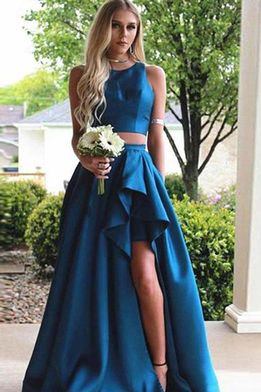 Sleeveless Amazing Scoop Ruffles Satin Two Piece Prom Dress-ballbellauk