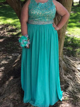 Sleeveless Amazing Scoop With Appliques Long Chiffon Plus Size Prom Dress-ballbellauk