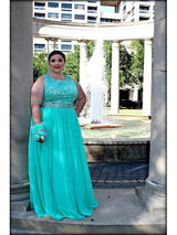 Sleeveless Amazing Scoop With Appliques Long Chiffon Plus Size Prom Dress-ballbellauk