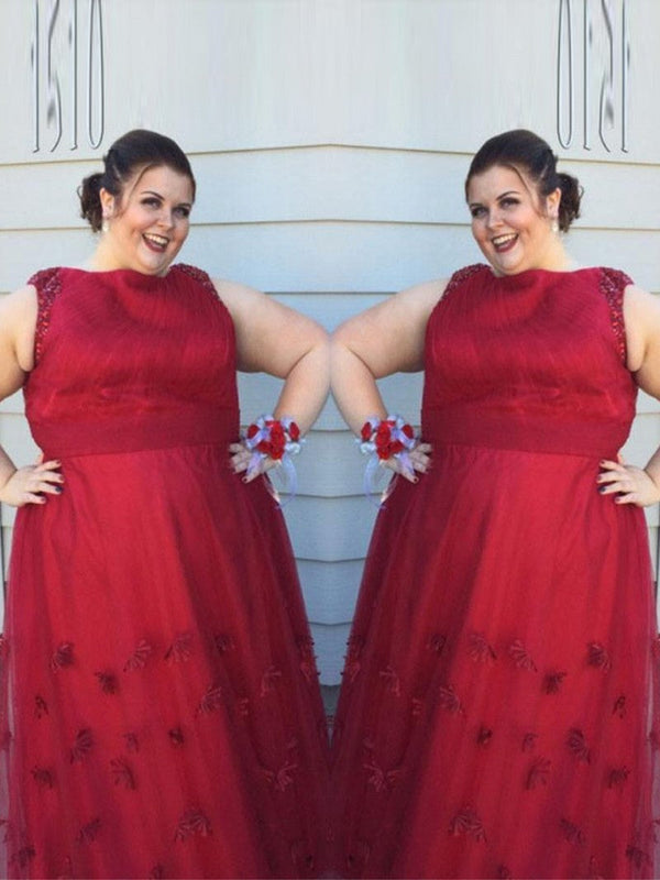 Sleeveless Amazing Scoop With Appliques Long Tulle Plus Size Prom Dress-ballbellauk