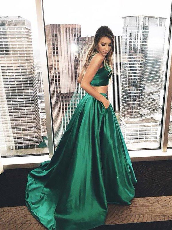 Sleeveless Amazing Square Long Ruffles Satin Two Piece Prom Dress-ballbellauk