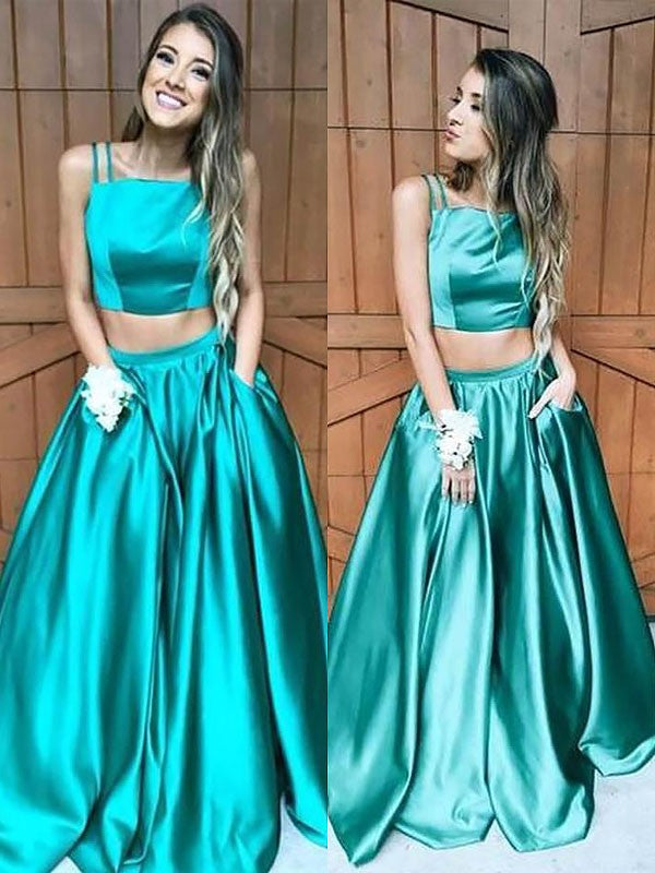 Sleeveless Amazing Square Long Ruffles Satin Two Piece Prom Dress-ballbellauk