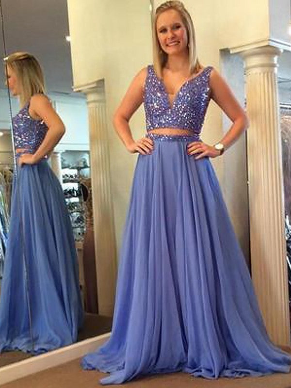 Sleeveless Amazing V-neck Chiffon Beading Long Two Piece Prom Dress-ballbellauk