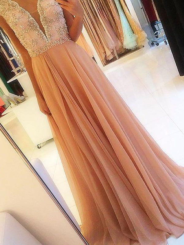 Sleeveless Amazing V-neck Chiffon Beading Prom Dress-ballbellauk
