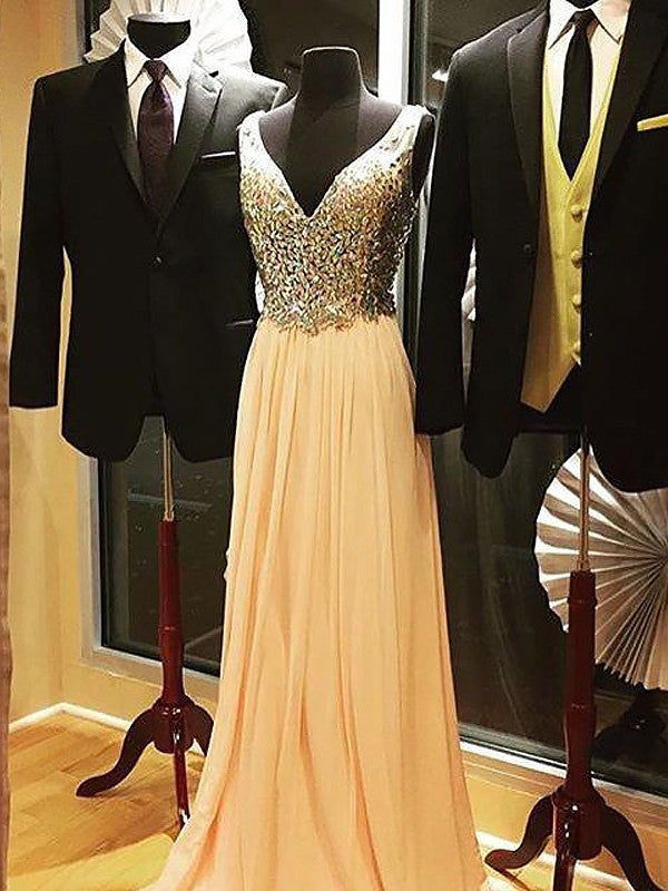 Sleeveless Amazing V-neck Chiffon Beading Prom Dress-ballbellauk
