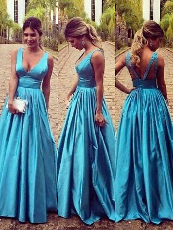 Sleeveless Amazing V-neck Elastic Woven Satin Ruched Long Prom Dress-ballbellauk
