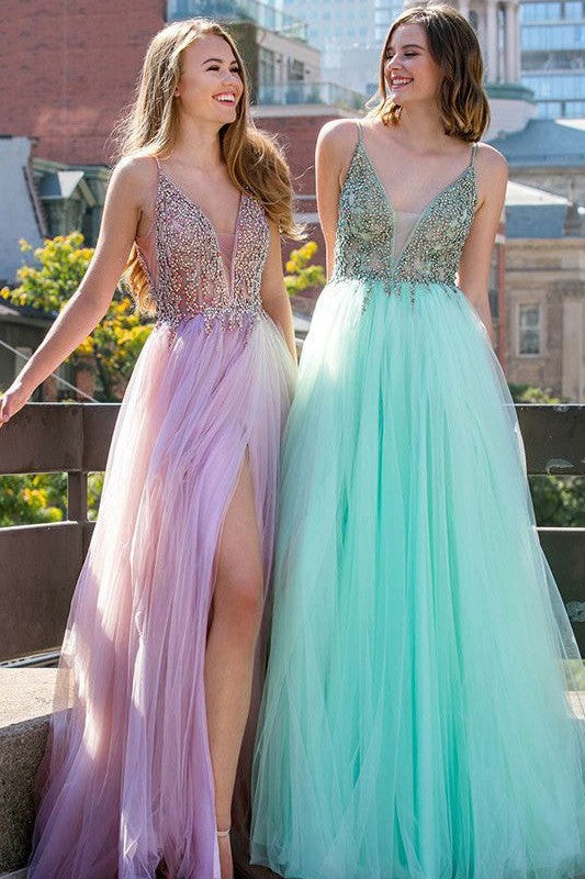 Sleeveless Amazing V-neck Long Beading Tulle Prom Dress-ballbellauk