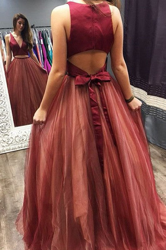 Sleeveless Amazing V-neck Ruffles Tulle Two piece Prom Dress-ballbellauk