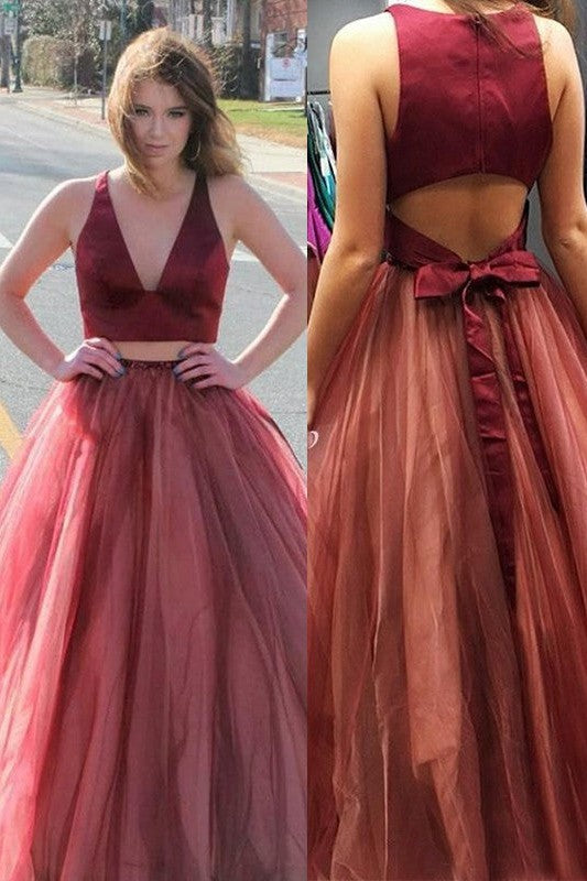 Sleeveless Amazing V-neck Ruffles Tulle Two piece Prom Dress-ballbellauk