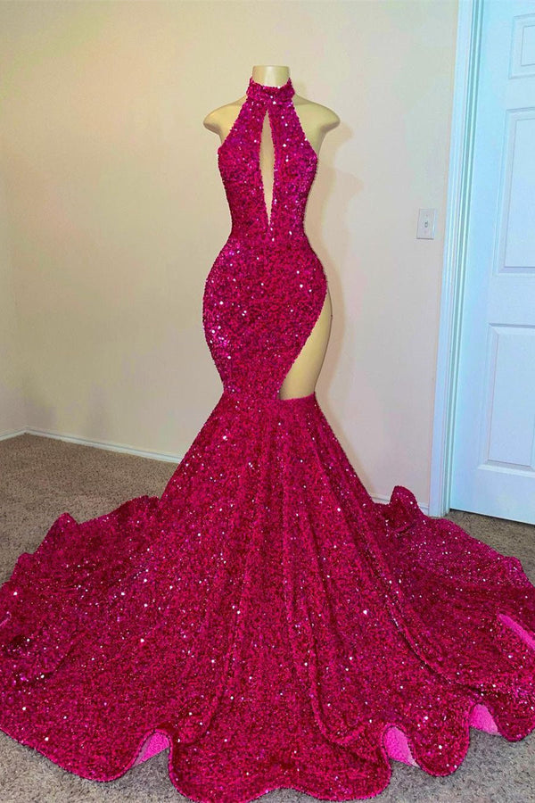 Sleeveless Fuchsia High Neck Mermaid Long Prom Dress UK With Sequins-ballbellauk