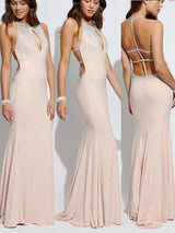 Sleeveless Halter Beading Jersey Prom Dress-ballbellauk
