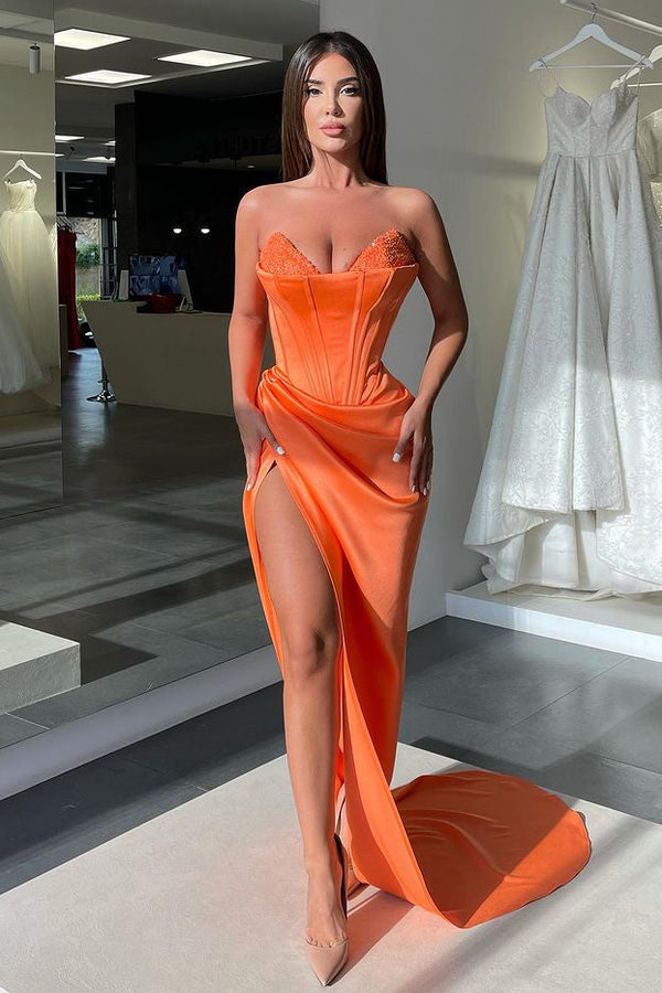 Sleeveless Orange Beads V-Neck Mermaid Prom Dress UK With Split-ballbellauk