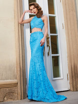 Sleeveless Scoop Lace Two Piece Prom Dress-ballbellauk