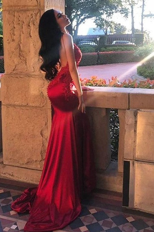 Sleeveless Spaghetti-Straps With Appliques Silk like Elegant Evening Dress-ballbellauk