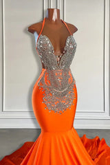 Sleeveless V-Neck Halter Mermaid Prom Dress With Beadings-Ballbella