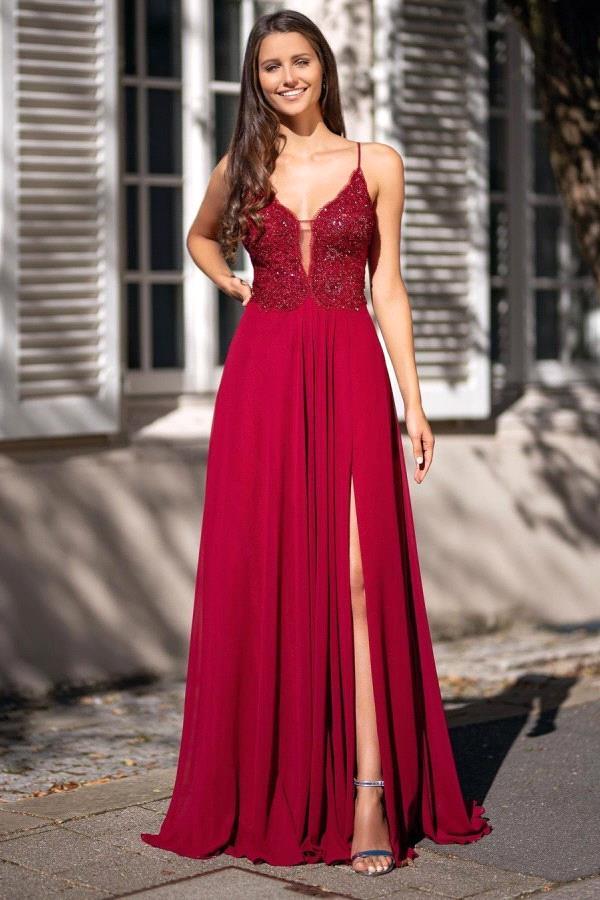 Slit V-Neck Long Prom Dress UK With Appliques-ballbellauk