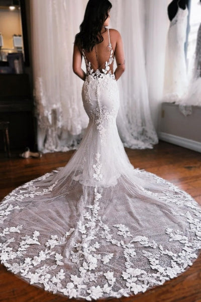 Spaghetti Straps Mermaid Long Lace Wedding Dresses with Chapel Train –  ballbellauk