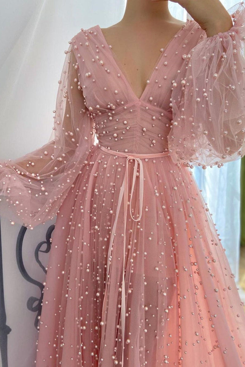 Sparkle in Style with Pink Plunging Neck Evening Dress With Pearl Beaded Tulle-ballbellauk