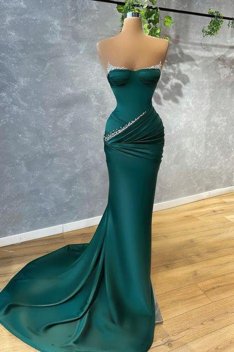 Stunning Dark Green Mermaid Prom Dress UK Strapless With Beads-ballbellauk