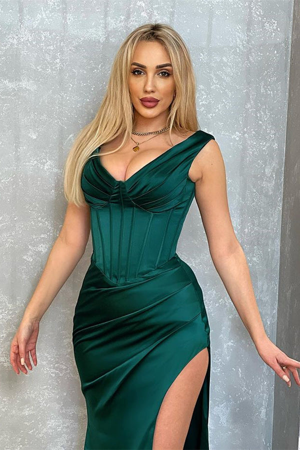 Stunning Dark Green V-Neck Sleeveless Evening Dress Mermaid Long With Slit-ballbellauk