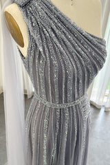 Stunning Gray One Shoulder A Line Prom Dress UK with Appliques and Ruffles-ballbellauk