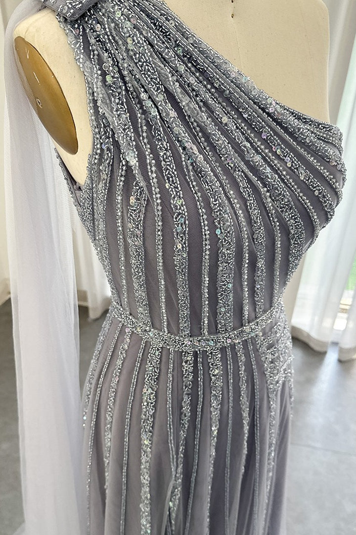 Stunning Gray One Shoulder A Line Prom Dress UK with Appliques and Ruffles-ballbellauk