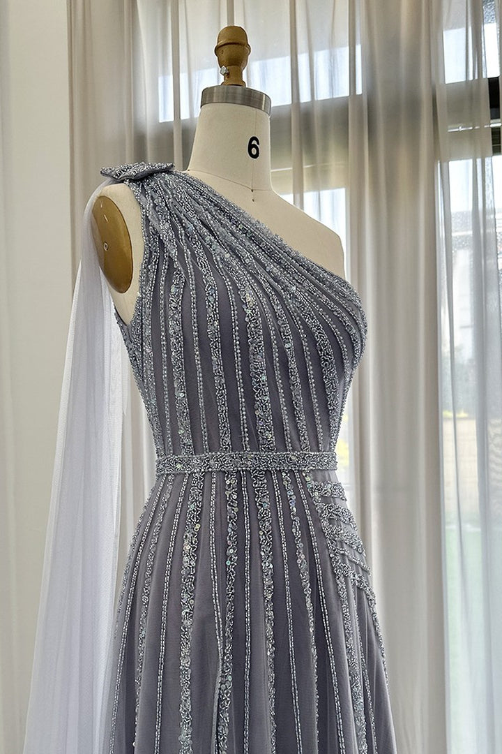 Stunning Gray One Shoulder A Line Prom Dress UK with Appliques and Ruffles-ballbellauk