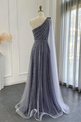 Stunning Gray One Shoulder A Line Prom Dress UK with Appliques and Ruffles-ballbellauk