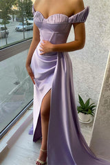 Stunning Lilac Off-the-Shoulder Evening Dress with Long Split & Ruffle-ballbellauk