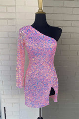 Stunning Long Sleeve One Shoulder Prom Dress UK with Sequins-ballbellauk