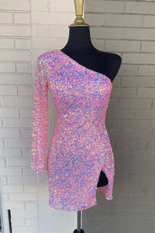 Stunning Long Sleeve One Shoulder Prom Dress UK with Sequins-ballbellauk