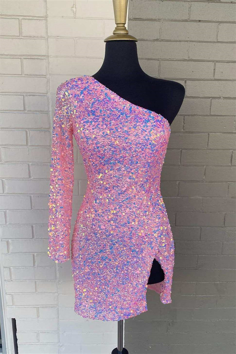 Stunning Long Sleeve One Shoulder Prom Dress UK with Sequins-ballbellauk