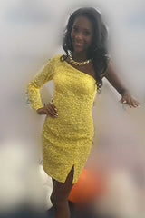 Stunning Long Sleeve One Shoulder Prom Dress UK with Sequins-ballbellauk