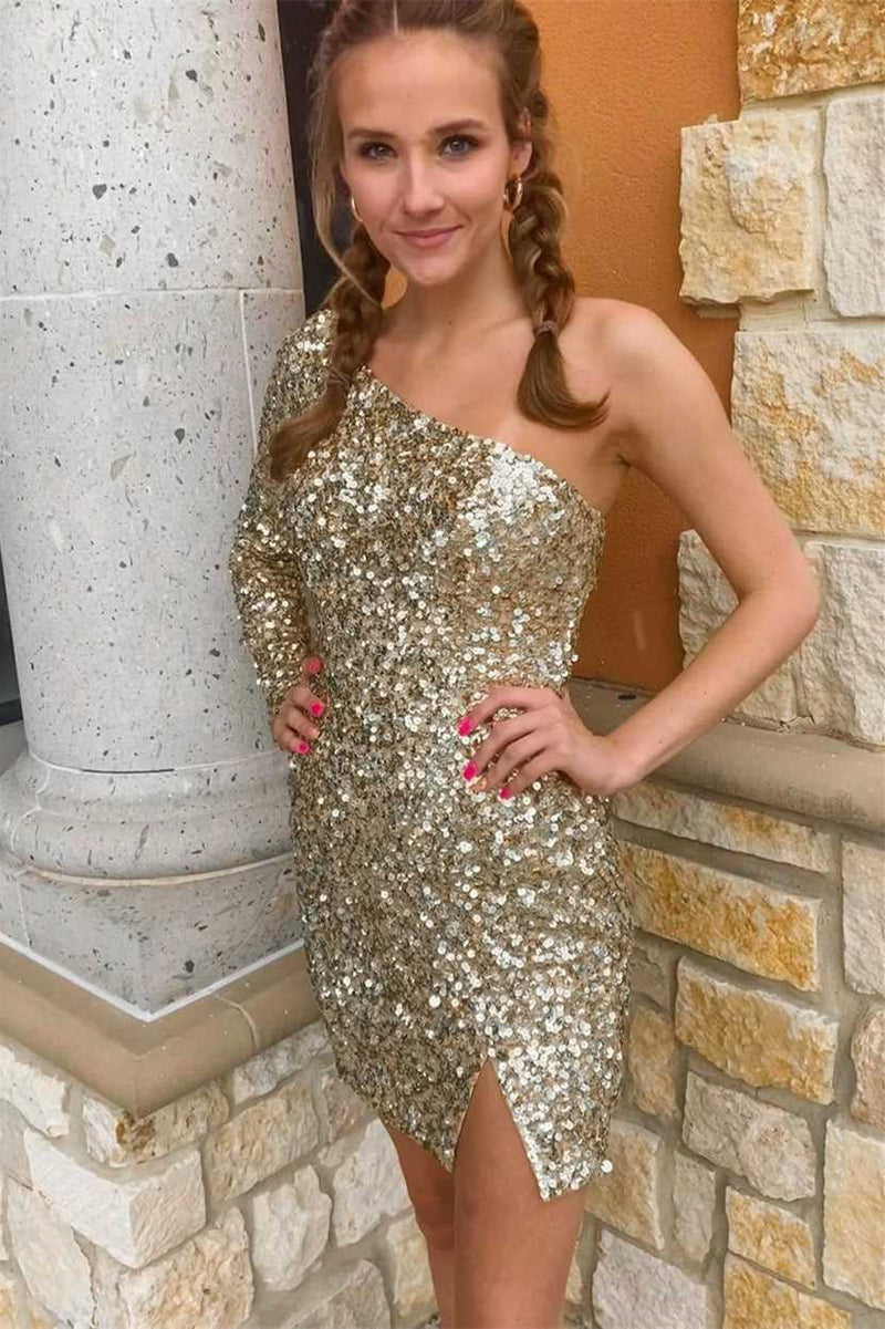 Stunning Long Sleeve One Shoulder Prom Dress UK with Sequins-ballbellauk
