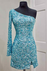 Stunning Long Sleeve One Shoulder Prom Dress UK with Sequins-ballbellauk