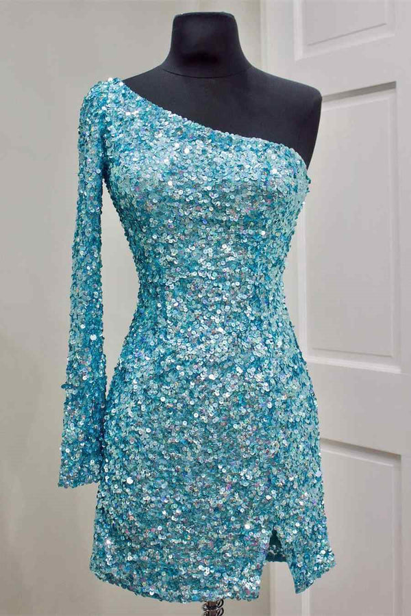 Stunning Long Sleeve One Shoulder Prom Dress UK with Sequins-ballbellauk