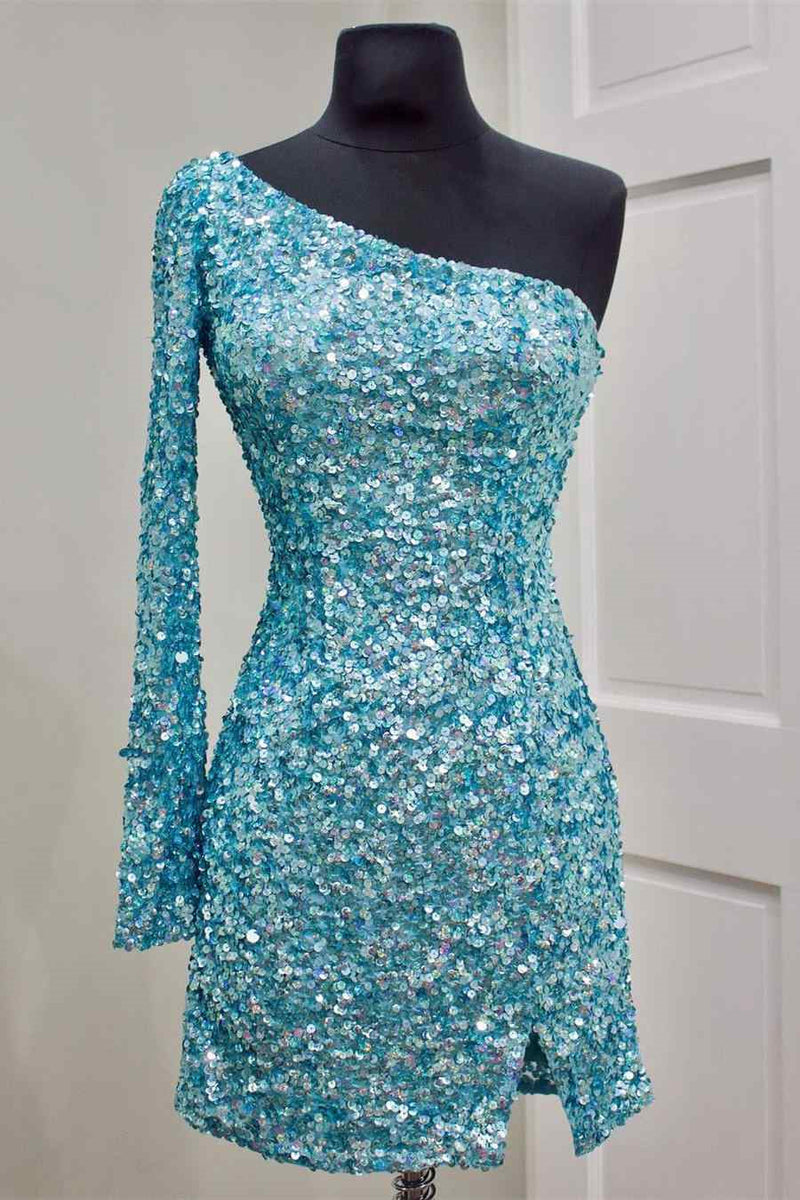 Stunning Long Sleeve One Shoulder Prom Dress UK with Sequins-ballbellauk