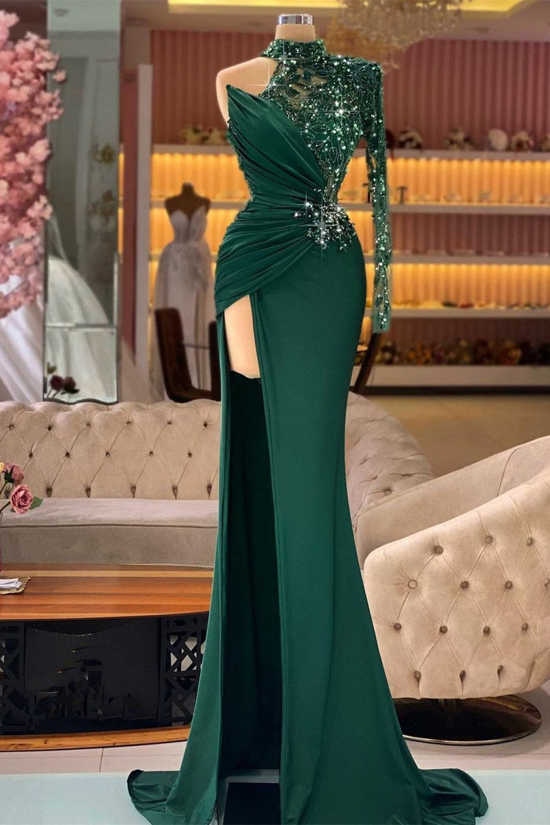 Stunning Mermaid One Shoulder Sequins Long Long Sleeve Appliques Lace Formal Wears-ballbellauk
