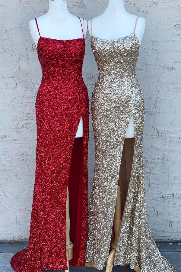 Stunning Sparkle Sequins Mermaid Evening Dress Split With Spaghetti-Straps-ballbellauk