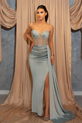 Sweetheart Light Blue Beaded Prom Dress UK with Slit and Ruffles-ballbellauk