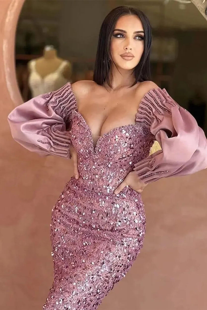 Sweetheart Long Sleeved Evening Dress With Sequins Mermaid Off-The-Shoulder-ballbellauk
