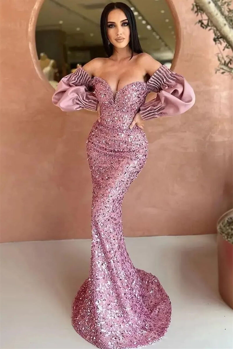 Sweetheart Long Sleeved Evening Dress With Sequins Mermaid Off-The-Shoulder-ballbellauk