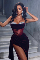 Sweetheart Silver Beaded High Split Black Mermaid Prom Dresses-Ballbella