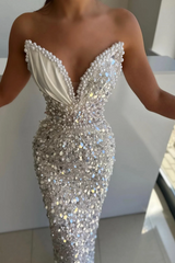 Sweetheart White Pearls Mermaid Low back Sleeveless Prom Dresses-Ballbella