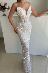 Sweetheart White Pearls Mermaid Low back Sleeveless Prom Dresses-Ballbella
