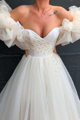 Trendy Bubble Sleeves Tulle Ball Dresses With Crystals Off-the-Shoulder-ballbellauk